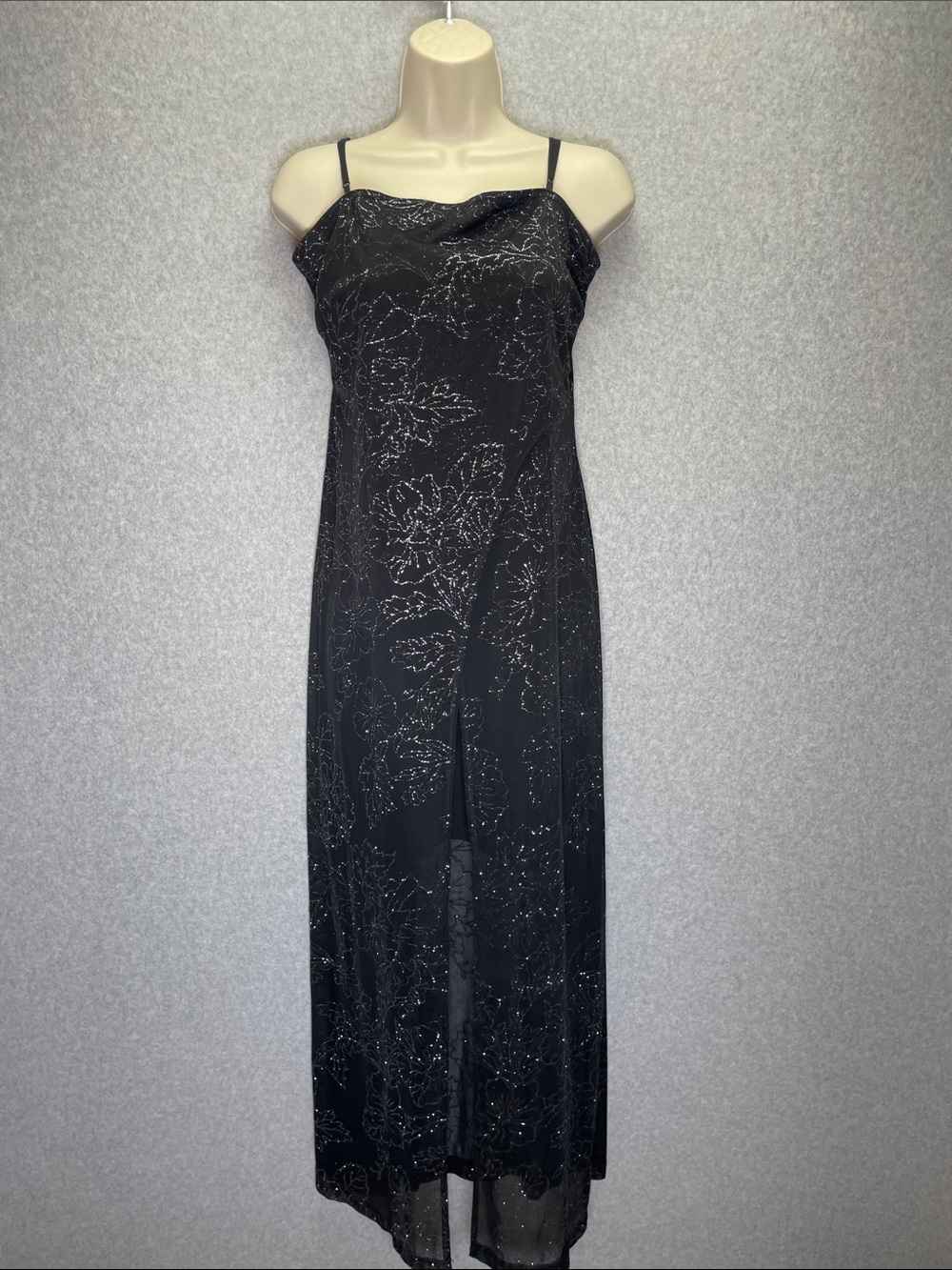 VTG Next Up Whimsigoth Y2K Grunge Sheer Overlay Glitter Floral Front Split Maxi
